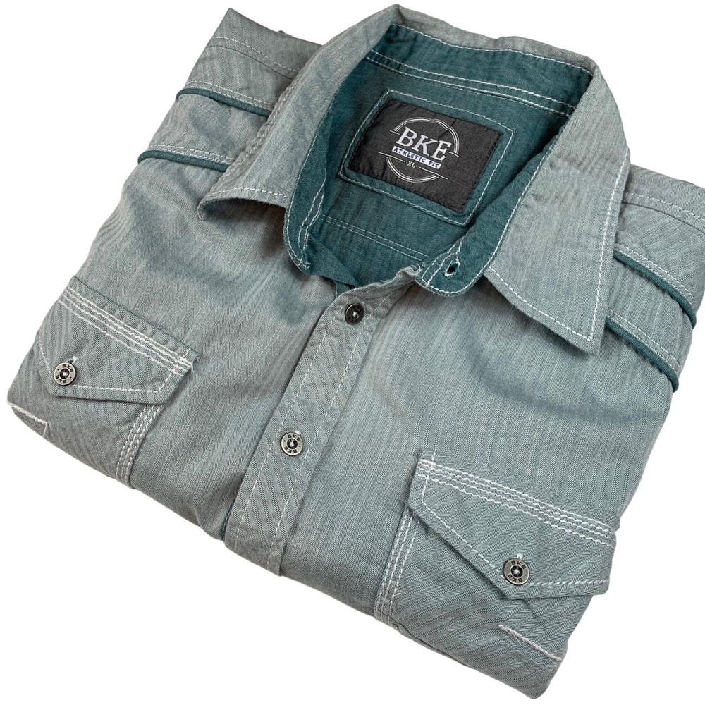 BKE Athletic Fit Mens XL Button Down Shirt Green Herringbone 11356NM Long Sleeve